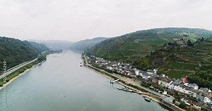 Scenic view of the Rhine river the towns of Kaub and the Pfalzgrafenstein Castle in Germany