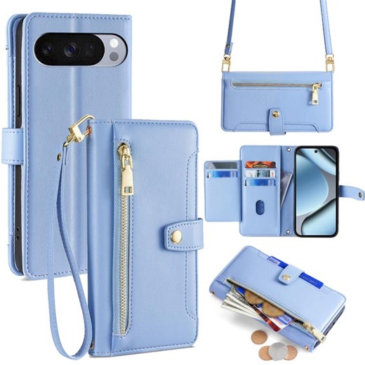[$5.39] For Google Pixel 10 Pro XL Sheep Texture Cross-body Zipper Wallet Leather Phone Case(Blue)