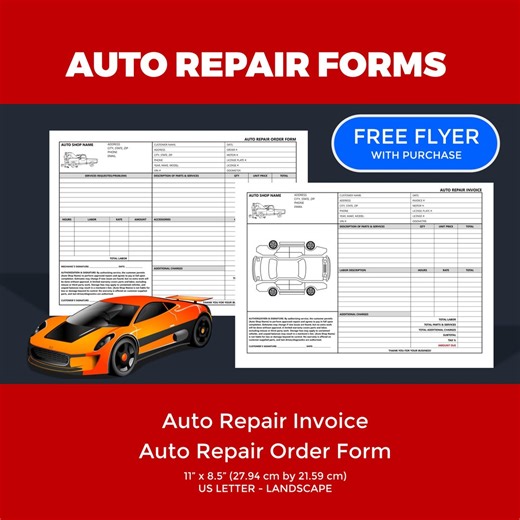 Editable Car Repair Invoice & Work Order Form Template Microsoft Word - Etsy