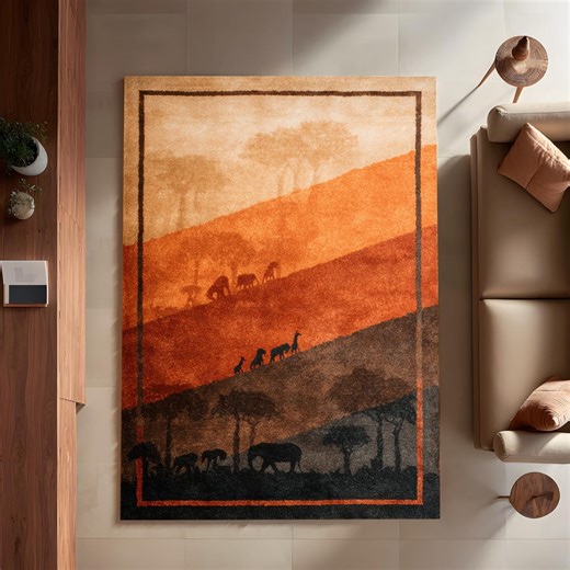 Safari Landscape Rug, Wildlife Silhouette Carpet, Sunset Savanna Animal Decor - Etsy