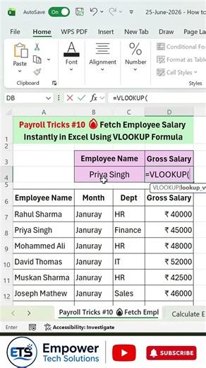 Payroll Tricks #10 🔥Fetch Employee Salary Instantly in Excel Using VLOOKUP Formula #excel #exceltips