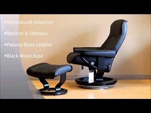 Stressless Governor Recliner and Ottoman in Paloma Black Leather and Black Wood Base