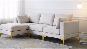 92.9" L-Shaped Sectional Sofa with Ottoman - Contemporary 3-Seat Couch with Square Arms, Gold Metal Legs, and High-Density Foam Cushions, Removable Covers Versatile Stylish for Living Room Beige