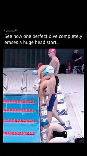 Mindsetfuel History on Instagram: "At the Sandwell Aquatics Centre in the UK, a viral clip perfectly demonstrates just how game-changing a top-level swimming start can be. In the video, Olympic-caliber swimmers went head-to-head with amateurs who were given a head start. But with one explosive dive, an elite swimmer shot nearly halfway across the pool before even taking his first stroke. By the time the amateurs found their pace, the pro had already closed the gap and surged ahead. Experts highl