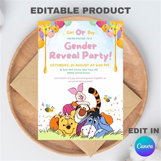 Winnie the Pooh Gender Reveal Party Invitation Template, Editable Canva Design (5x7), Digital Download. - Etsy