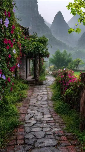 obkhanllc on Instagram: "Rain and mist clung to the mountain peaks of Guilin; vines drooped from the old courtyard wall; the damp, soft purple flagstone path smelled of mud… #naturebeauty🍃🍁🌳🏞️ #naturelover"