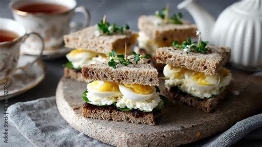English tea sandwiches with cream cheese, A plate of English tea sandwiches filled with cream cheese, elegantly arranged for afternoon tea