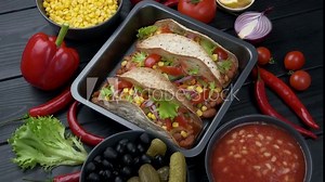 Mexican food. Tacos tortillas with minced vegetables on a black background with other dishes and vegetables