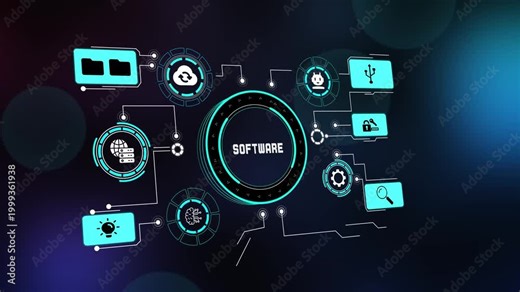 Digital HUD interface dashboard for SOFTWARE management, connecting cloud, file folders, AI algorithm, and central process ring.