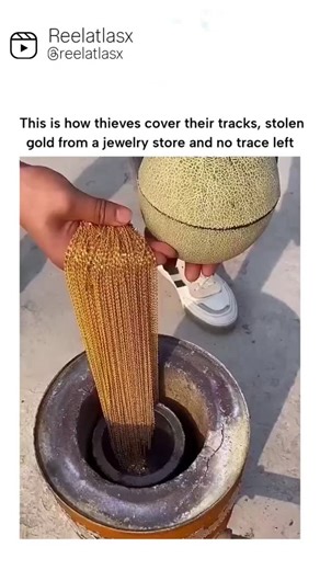 ATLAS REEL HUB on Instagram: "The post depicts thieves using a propane torch and crucible to melt gold jewelry chains into rough ingots, erasing identifiable marks like engravings to launder stolen goods, a method documented in heists such as the 2013 Melbourne jewelry robbery where $500K in gems were similarly destroyed. Garnering over 1 million views in hours, it sparks replies on gold's weight-based valuation (unaffected by shape, per London Bullion Market standards) and authenticity doubts, 
