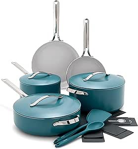 GreenPan Nova 10-Piece Cookware Pots & Pans Set, Oprah’s Favorite Things 2024, PFAS-Free Ceramic Nonstick, Fry, Sauté, Stockpot, Utensils, Lids, Induction Suitable, Dishwasher & Oven Safe, Deep Teal