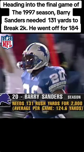 #throwbacksportvideos Heading into the final game of the 1997 season, Barry Sanders needed 131 rushing yards to break 2k. He went off fo 184 that day. #barrysanders #detriotlions #detriotlions🦁 #lions #nfl #sports #runningback #legend #hof #nflgoat