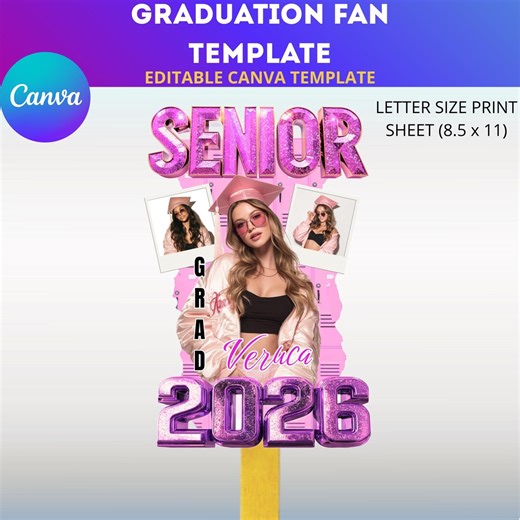 Pink Foil Graduation Fan Template, Glam Senior 2026 Photo Fan, 3D Balloon Letters Grad Favors, Class of 2026 Custom Prop Canva - Etsy