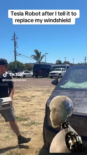 Tesla Robot Replacing Cybertruck Windshield