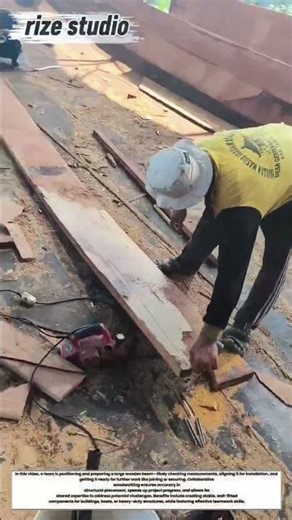 Team Working on Large Wooden Beam - Preparation & Assembly for Construction!