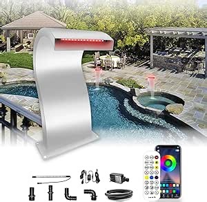 LONGRUN S-Shaped Waterfall Spillway Stainless Steel Swimming Pool Fountain, RF & APP Controled LED Light Outdoor Pond Waterfalls Kit for Garden Patio Swimming Pool Koi Ponds Decoration -20.2" Height