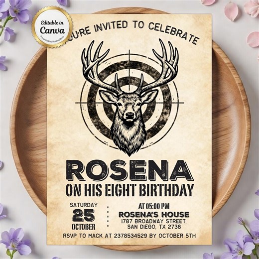 Hunting Birthday Invitation, Vintage Buck Deer Party Invite, Rustic Target Bullseye Theme, Boys Birthday Invite, Editable Canva Template - Etsy
