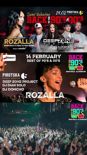 Този 14 февруари те очаква МЕГА парти с една истинска денс икона: ROZALLA – на живо с хита EVERYBODY’S FREE (TO FEEL GOOD) и още куп 90’s златни класики ! На сцената още: Deep Zone Project – live DJ Dian Solo DJ Doncho Място: Pirotska 5 Event Center Отваряме в 20:00 ч и партито започва директно ! Ще изтеглим програмата така, че изпълнителите да започнат малко по-рано за да няма борба с актуалния ни биологичен часовник 😁 Хайде, мобилизирайте се ! Билети в EVENTIM (link in bio). Резервации: 089 9