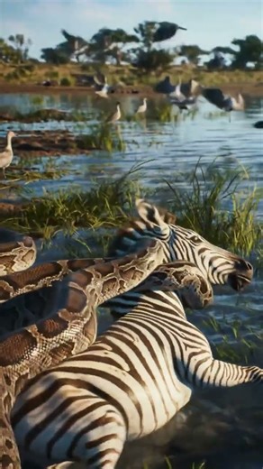 A large muscular python coiled tightly around a struggling zebra #wildlife #shorts #python #horse