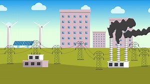 Download Electricity production with solar panels, windmills, and refineries footage. Electrical power supply with long electric pillar 4K animation. Electricity transfer method with urban buildings animation. for free