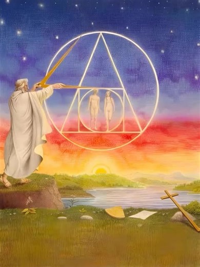 Dear readers, this image symbolically represents the heart of the alchemical Work: the harmony between Spirit, Soul, and Matter expressed through the sacred forms of the circle, triangle, and square. The two central figures embody the complementary polarities that must be united to generate inner transformation, while the sage with the compass symbolizes divine intelligence and the consciousness of the adept who brings order to chaos. The sunset alludes to the stage of Rubedo, the moment of spir