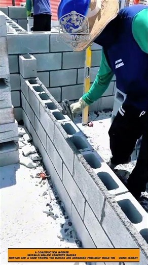Hollow Concrete Block Wall Installation Process Using Cement Mortar in Building Construction