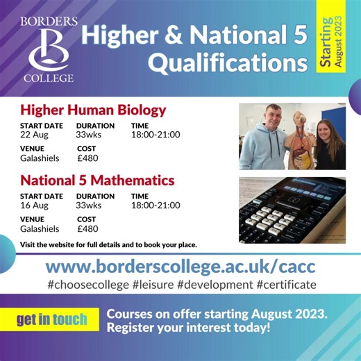 Higher & National 5 Qualifications 🟢 Higher Human Biology The purpose of the course is to develop learners' interest and enthusiasm for human biology in a range of contexts. The course allows candidates to acquire a deeper understanding of cellular processes, physiological mechanisms and their impact on health, aspects of the nervous system, and defence mechanisms as they apply to the human species. ℹ️ Starts: 22 August. Duration: 33wks. Time: 18:00-21:00. Venue: Galashiels Cost: £480.00 🟢 Nat