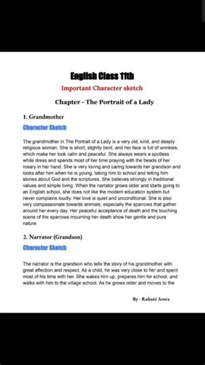 CBSE Class 11th English | The Portrait of a Lady | Character Sketch | Free PDF | #class11th #study