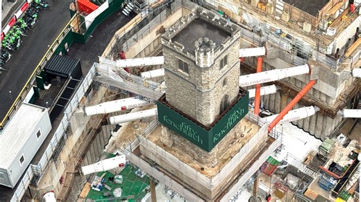 This 700-year-old church tower is now sitting on stilts above a London construction site