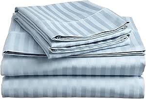 400 Thread Count - Egyptian Cotton Striped Sheet Set by ExceptionalSheets, Queen, Sky Blue
