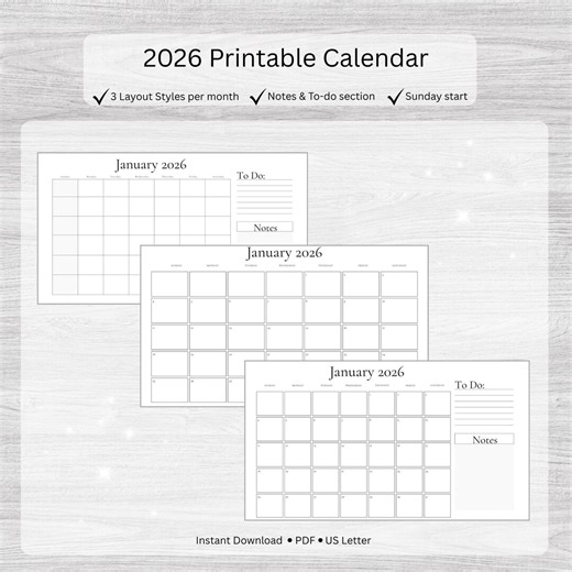 2026 Printable Calendar | Monthly Planner Pages | 3 Layouts per Month | Minimal Calendar | Notes & To-do - Etsy