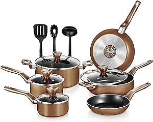 NutriChef 13 Pcs. Nonstick Kitchen Cookware PFOA/PFOS-Free Heat Resistant Kitchenware Set w/Saucepan, Frying Pans, Cooking Pots, Casserole, Lids, & Utensils, Brown, NCCWA13BR