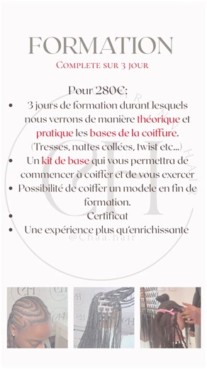 FORMATION: Pour 280€: •3 jours de formation durant lesquels nous verrons de manière théorique et pratique les bases de la coiffure. (Tresses, nattes collées, twist etc…) •Un kit de base qui vous permettra de commencer à coiffer et de vous exercer •Possibilité de coiffer un modele en fin de formation. •Certificat •Une expérience plus qu’enrichissante . PLUSIEURS FORMULES ARRIVENT. #hair #afro #fypシ゚ #formation #coiffeuse