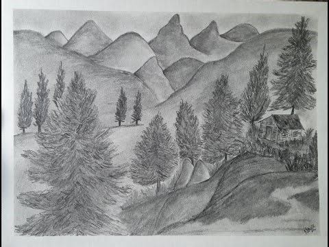 Hut in deep forest | Deciduous Forest Landscape Drawing | Step by step pencil shading | Oak Trees |