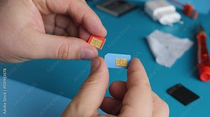 Repairman's hand take and hold red micro SIM and blue mini SIM cards. Disassembled smartphone background. Communication equipment at laboratory. Service for repair of mobile device. 5g network