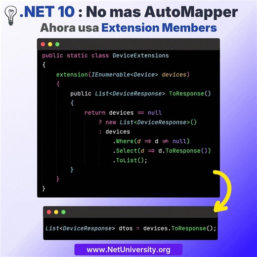 🚨 ¿AutoMapper en .NET 10? Ya no lo necesitas.Con C# 14 y los nuevos Extension Members, puedes crear mappings más explícitos, simples y fáciles de mantener.Menos magia. Menos dependencias. Más claridad. 👇🚀 Aprende más en https://t.co/Zd7comZww4#dotnet #csharp
