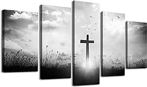 DJSYLIFE Christian Wall Art for Living Room Black and White Church Wall Decor Religious Jesus Crosses Spiritual Canvas Prints Modern Home Dining Room Decorations 40" W x 22" H 5 Pieces