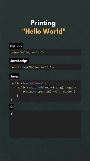 Printing "Hello World" in Python vs Javascript vs Java vs C #coding #python #java #javascript