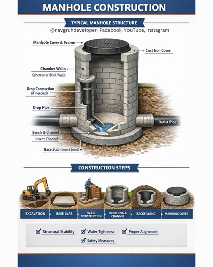 Access, maintain, and manage underground networks! Proper manhole construction ensures smooth flow, easy inspection, and long-lasting drainage systems. #ManholeConstruction #CivilEngineering #DrainageSystem #SewerManhole #ConstructionTips #InfrastructureDevelopment #RCCManhole #UndergroundUtilities #EngineeringWorks #SafeConstruction | DSE
