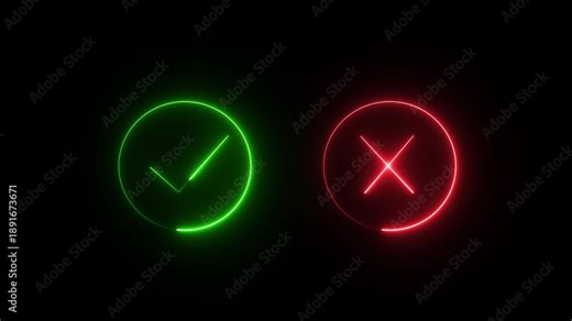 a green check mark and a red cross mark, both presented in a glowing neon style. 4k animation videos