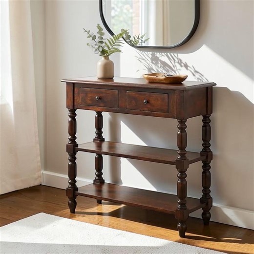 Cherry Solid Mango Wood Side Table – Turned Legs Console With Drawer & Open Shelves, Farmhouse Entryway Table, Rustic Bedroom Accent - Etsy