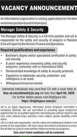 International NGO Jobs in Pakistan 2026 | Manager Safety & Security Position