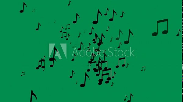 Abstract music notes animation with flowing effect from the center on green screen. 4K animated video perfect for music overlays, backgrounds, and video editing.
