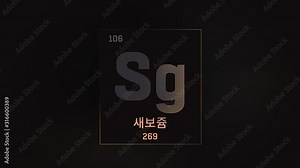 Seaborgium as Element 106 of the Periodic Table. Seamlessly looping 3D animation on grey illuminated atom design background orbiting electrons name, atomic weight element number in Korean language