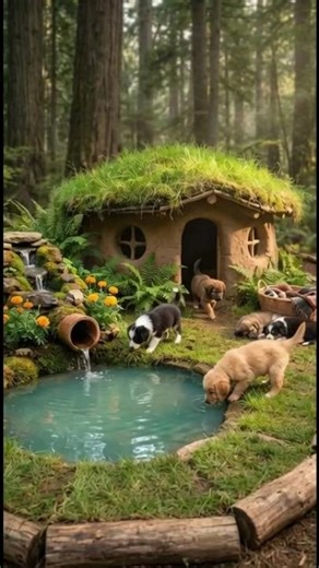 Building a Mini Puppy Paradise in the Forest | Mud House & Waterfall Sanctuary (4K Cinematic)