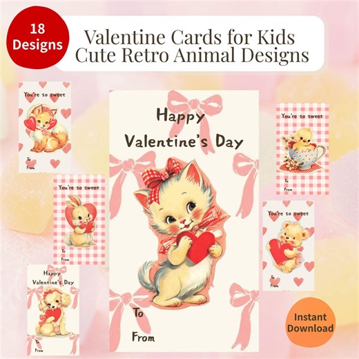 Printable Valentine Cards for Kids – Cute Retro Animal Designs, 18 Cards (PNG & PDF) - Etsy