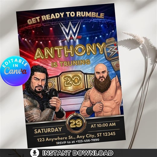 WWE Wrestling Birthday Invitation Template, Championship Belt Party Invite, Get Ready to Rumble | John Cena & BRAUN STROWMAN Theme Instant - Etsy