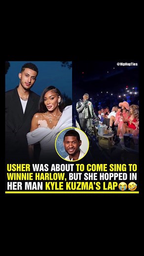 Usher Concert Moment: Winnie Harlow Jumps in Kuzma's Lap