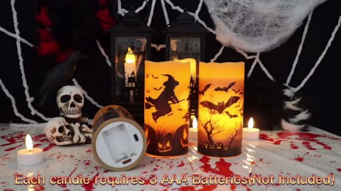 DRomance Halloween LED Flameless Pillar Candles Battery Operated with 6 Hour Timer Set of 3 Orange Wax Warm Light Flickering Witch Bats Castle Spooky Decals Halloween Decor Gifts(3 x 6 Inch)