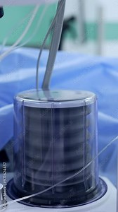 Pump of lung ventilating machine works in surgery room. Close up. Medical equipment in hospital. Vertical video.